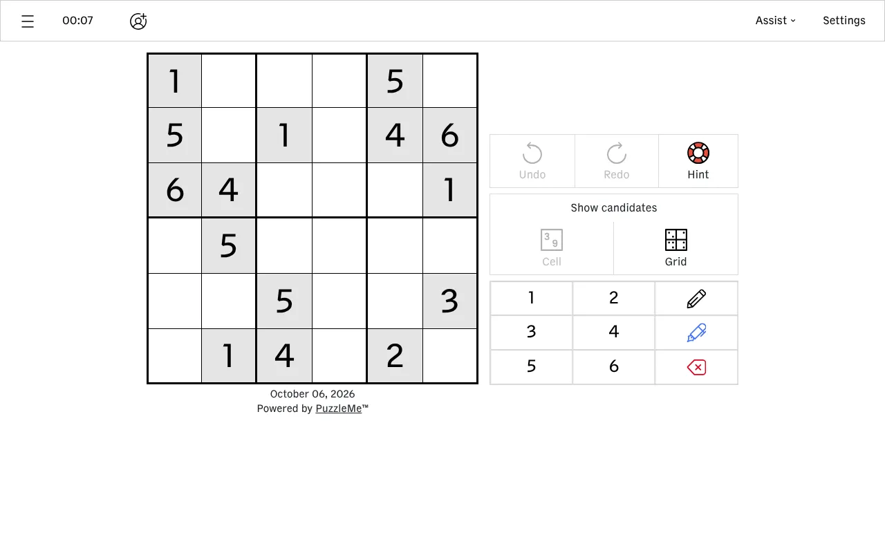 CNA's Mini Sudoku for October 06, 2026: a six by six grid with grey given digits, beside undo, hint, candidate and number buttons