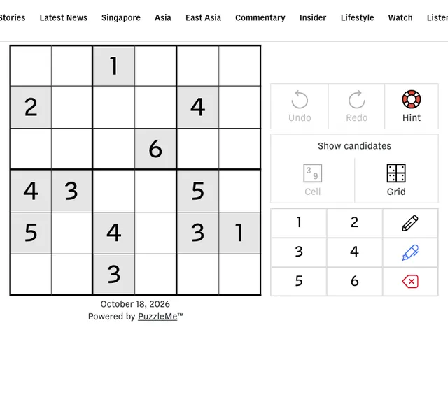 CNA's Mini Sudoku for October 18, 2026: a six by six grid with grey given digits beside the undo, hint, candidate and number buttons
