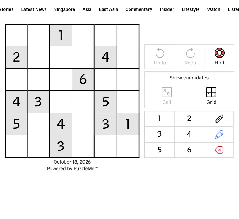 CNA's Mini Sudoku for October 18, 2026: a six by six grid with grey given digits beside the undo, hint, candidate and number buttons