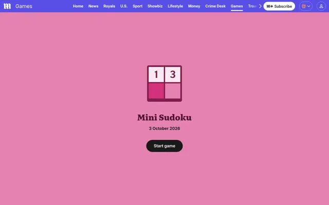 The Mini Sudoku start screen on the Daily Mail games page: the game's own icon and name, the date 3 October 2026 and a button to start the day's puzzle