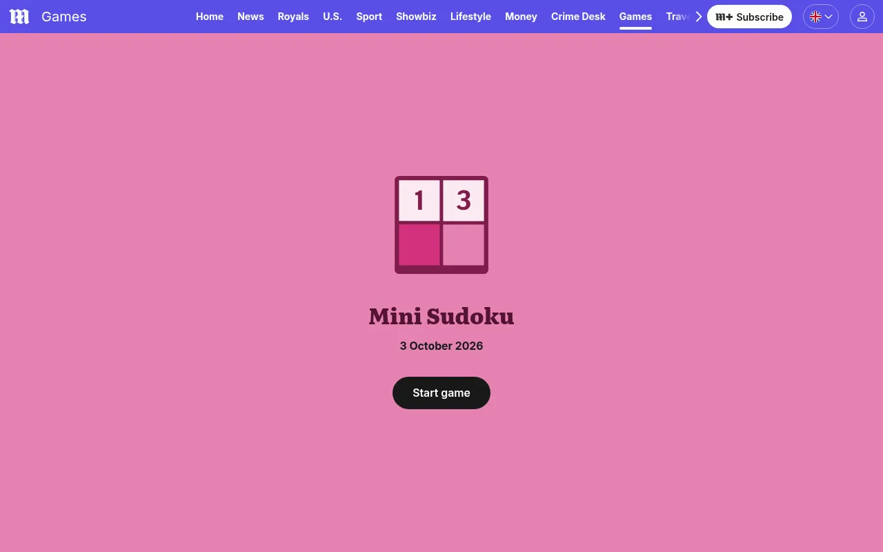 The Mini Sudoku start screen on the Daily Mail games page: the game's own icon and name, the date 3 October 2026 and a button to start the day's puzzle