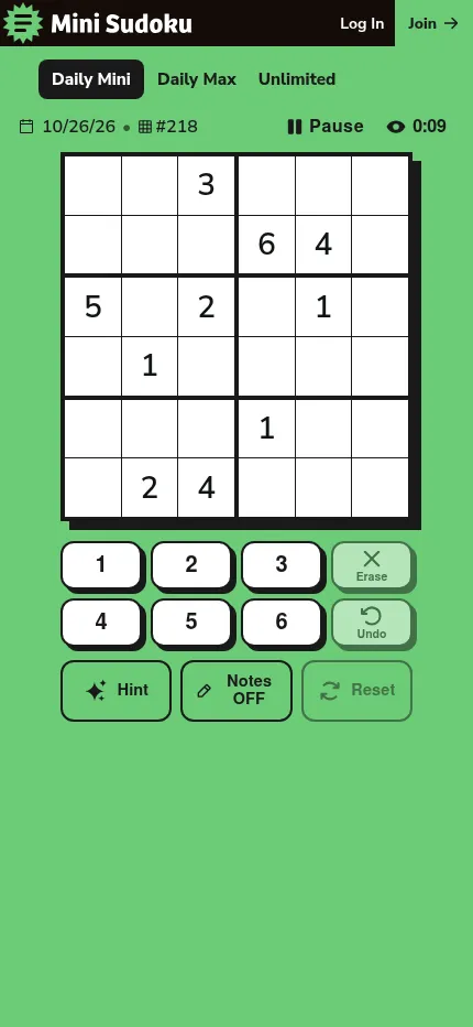 Mini Sudoku on a phone: Daily Mini #218 for 26 October 2026, the 6 by 6 grid with its givens above the number pad, Hint and Notes