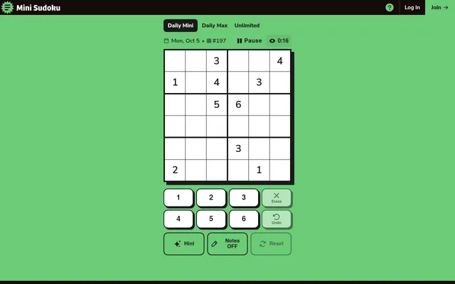 Mini Sudoku daily puzzle #197 for Monday 5 October: a 6 by 6 grid with its given digits and the number pad below