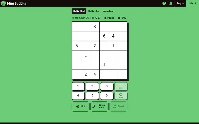 Mini Sudoku Daily Mini #218 for Monday 26 October 2026 on a computer: a 6 by 6 grid with ten givens, the 1 to 6 pad, Erase, Undo, Hint and Notes