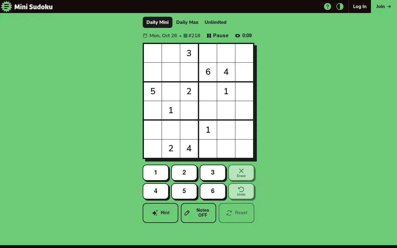 Mini Sudoku Daily Mini #218 for Monday 26 October 2026 on a computer: a 6 by 6 grid with ten givens, the 1 to 6 pad, Erase, Undo, Hint and Notes