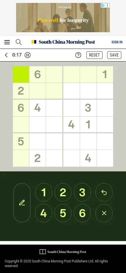 The SCMP Mini Sudoku board for 18 October 2026 on a phone: a 6x6 grid with its given numbers, a running timer, and the 1 to 6 keypad with notes and undo below.