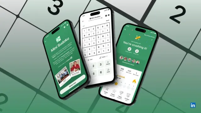 Three phones showing the Mini Sudoku intro screen, a 6x6 grid in progress and a results screen