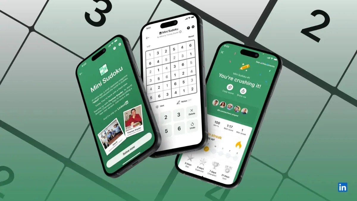 Three phones showing the Mini Sudoku intro screen, a 6x6 grid in progress and a results screen