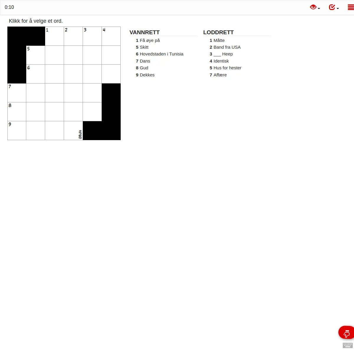 A Dagbladet Minikryssord: a 6x6 grid with black corners, a timer and the vannrett and loddrett clue lists