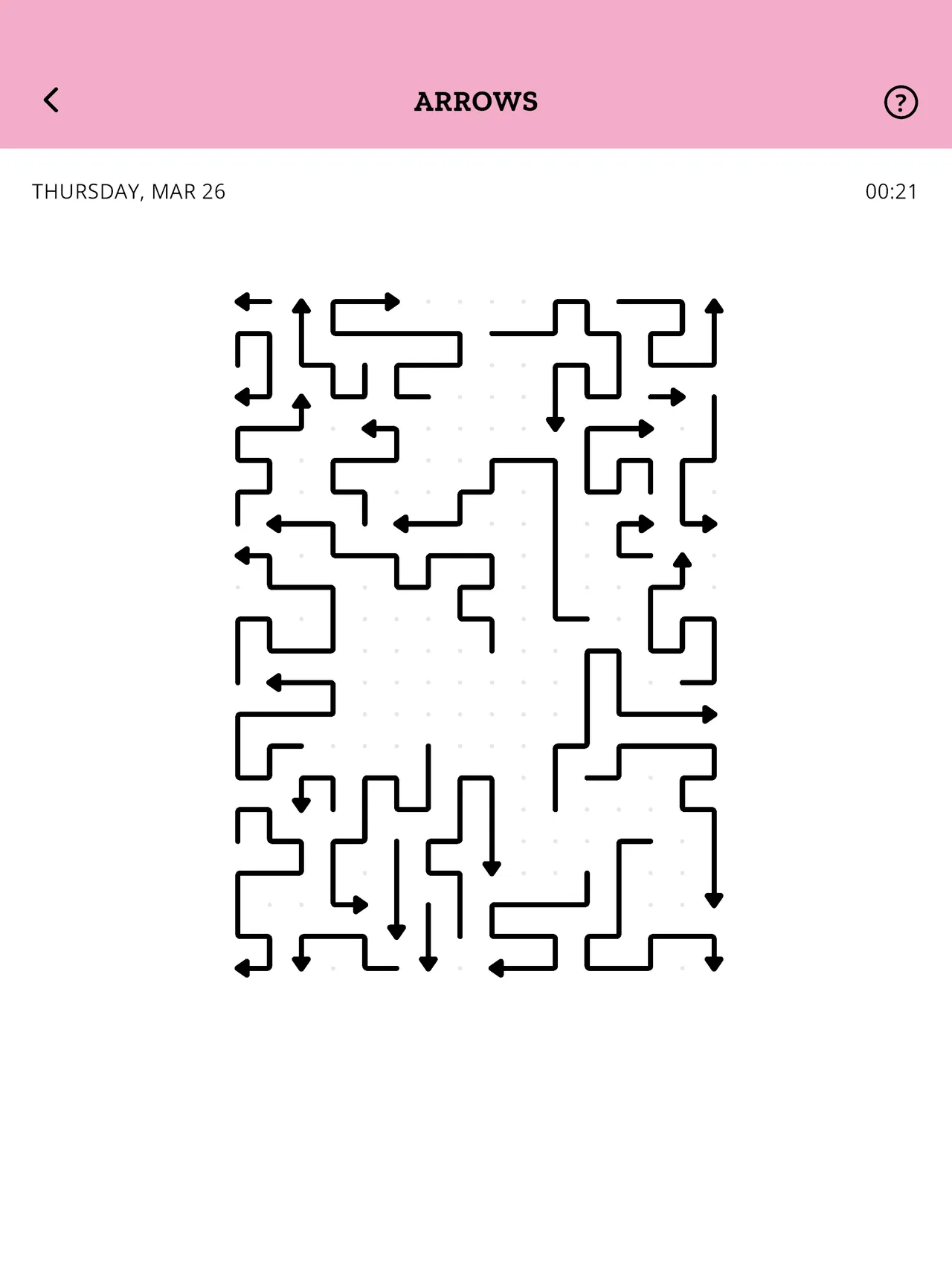 Minipuzzles Arrows puzzle dated Thursday, Mar 26 with a grid of bent arrows