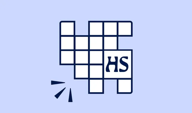 Helsingin Sanomat Miniristikko artwork: a white crossword grid outline with the HS logo in one square on a pale blue background