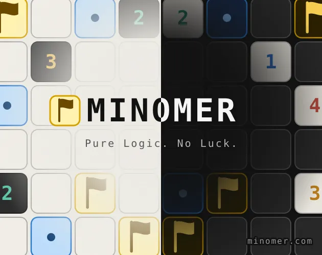 Minomer title card: Pure Logic. No Luck. over light and dark grid tiles with flags and numbers