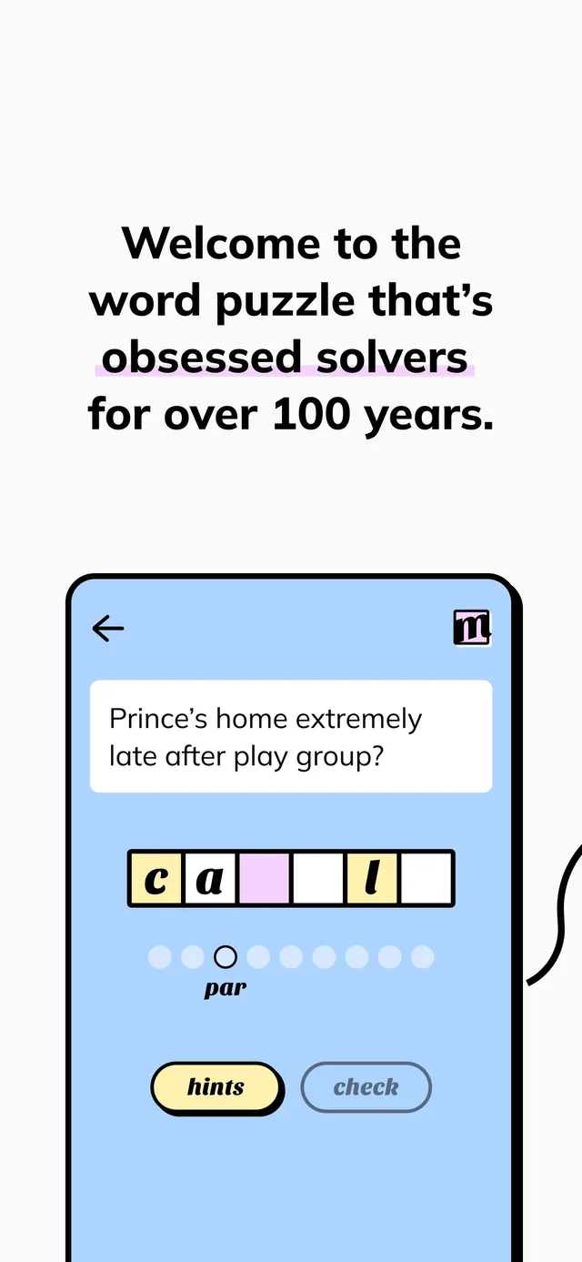 Minute Cryptic in the app: the clue 'Prince's home extremely late after play group?' above six answer boxes, a par marker and hints and check buttons