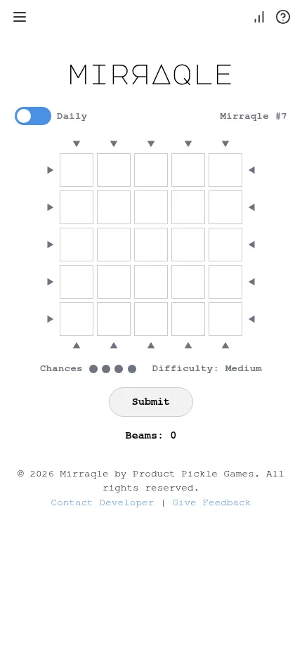 Mirraqle #7 at the start of the day: an empty 5x5 grid with 20 beam arrows, four chances and Medium difficulty