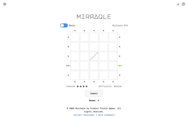 Today's Mirraqle #16 (Medium) on 26 October 2026 in play: four beams fired, entry and exit marks on the edges and one / mirror placed on the 5x5 grid