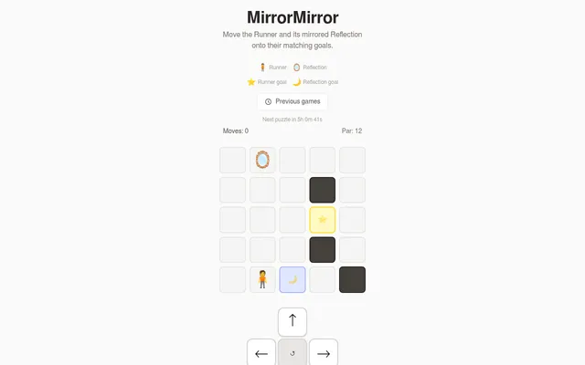 MirrorMirror's daily board: a five by five grid with the Runner figure, the mirror Reflection, a star goal, a moon goal and four dark wall squares, a par of 12 and arrow buttons below