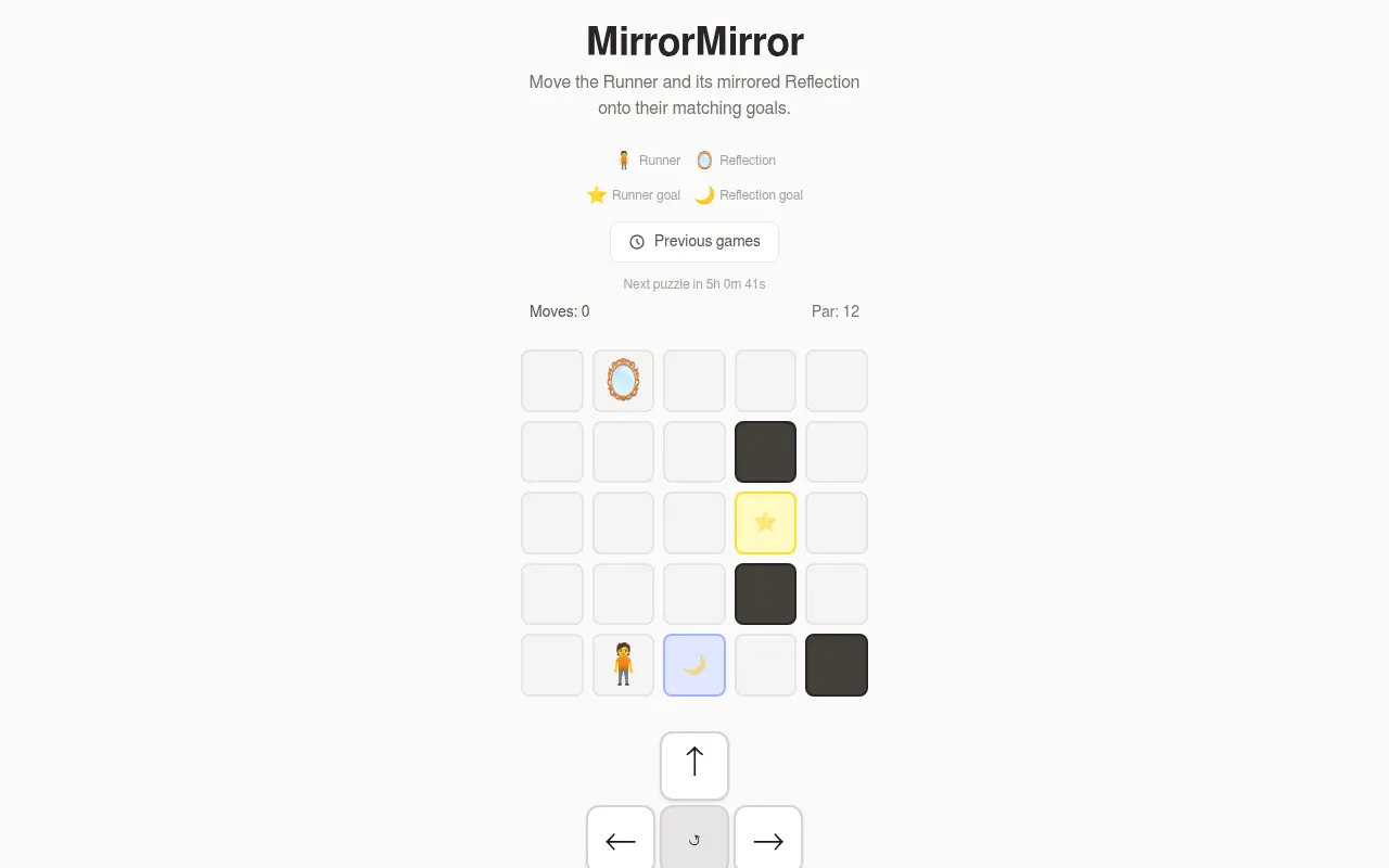MirrorMirror's daily board: a five by five grid with the Runner figure, the mirror Reflection, a star goal, a moon goal and four dark wall squares, a par of 12 and arrow buttons below