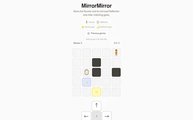 MirrorMirror's board for 18 October 2026 on a desktop: a five by five grid with the Runner, the Reflection, a star and a moon goal and four wall squares, par 9, with arrow buttons below