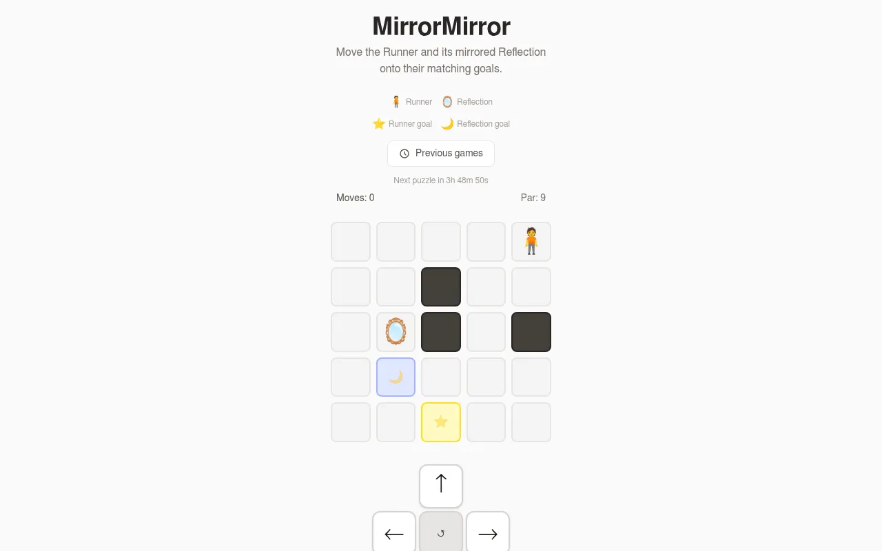 MirrorMirror's board for 18 October 2026 on a desktop: a five by five grid with the Runner, the Reflection, a star and a moon goal and four wall squares, par 9, with arrow buttons below
