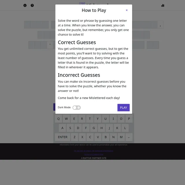 Mislettered with a How to Play panel open: solve the hidden word or phrase by guessing one letter at a time, unlimited correct guesses, six incorrect guesses allowed, one attempt to solve, new each da