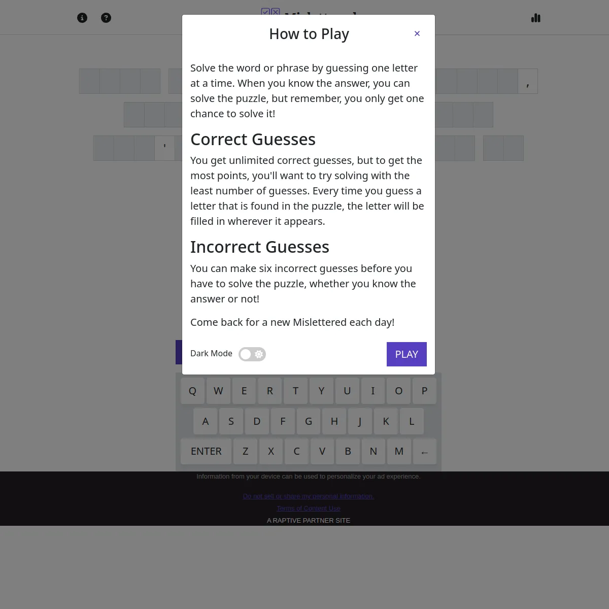 Mislettered with a How to Play panel open: solve the hidden word or phrase by guessing one letter at a time, unlimited correct guesses, six incorrect guesses allowed, one attempt to solve, new each da