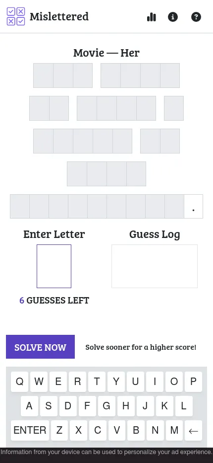 Mislettered on a phone: the day's blank quote tiles stacked over the letter box, Solve Now and the keyboard