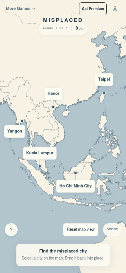 Misplaced at phone size: the same five city pins over South-East Asia with the Find the misplaced city prompt at the bottom