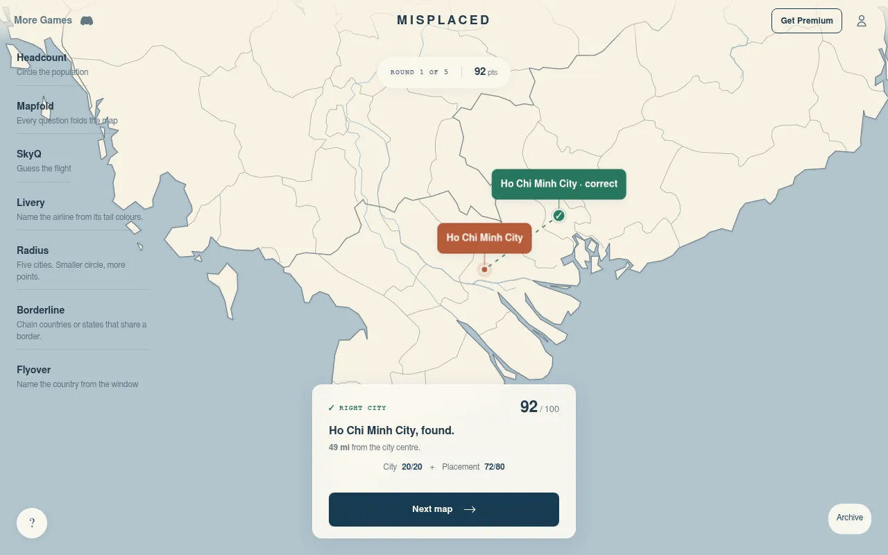 A Misplaced round result: Ho Chi Minh City found and dragged back, 49 mi from the true centre, scoring 20 plus 72 for 92 of 100