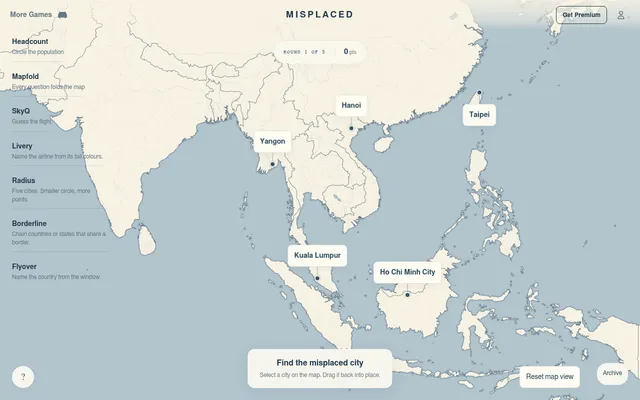 Misplaced round 1 of 5 on 21 October 2026: a South-East Asia map with pins for Hanoi, Yangon, Taipei, Kuala Lumpur and Ho Chi Minh City, the last one wrongly placed on Borneo