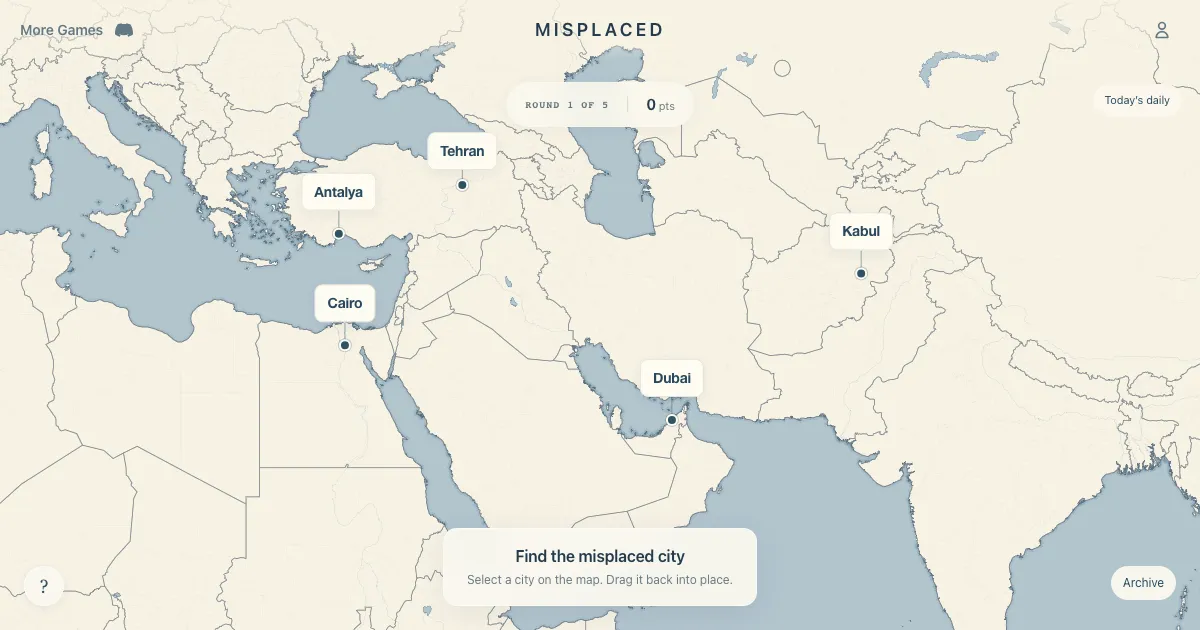 Misplaced share image: a Middle East map with pins for Antalya, Tehran, Cairo, Dubai and Kabul and the Find the misplaced city prompt