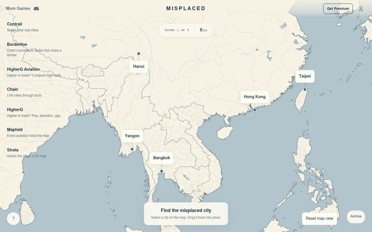 Misplaced round 1 of 5: a map of South-East and East Asia with pins for Bangkok, Hanoi, Yangon, Hong Kong and Taipei and the prompt Find the misplaced city