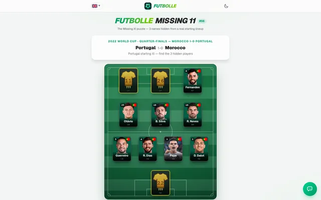 Futbolle Missing 11 #98 board: Portugal's starting eleven against Morocco at the 2022 World Cup quarter-final, eight player cards and hidden gold shirts 11, 26 and 22