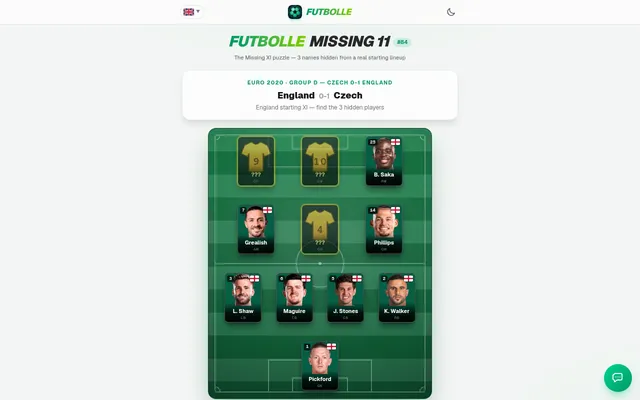 Futbolle Missing 11 #84: England's starting eleven against the Czech Republic at Euro 2020 on a pitch, eight player cards with photos and three hidden gold shirts numbered 9, 10 and 4