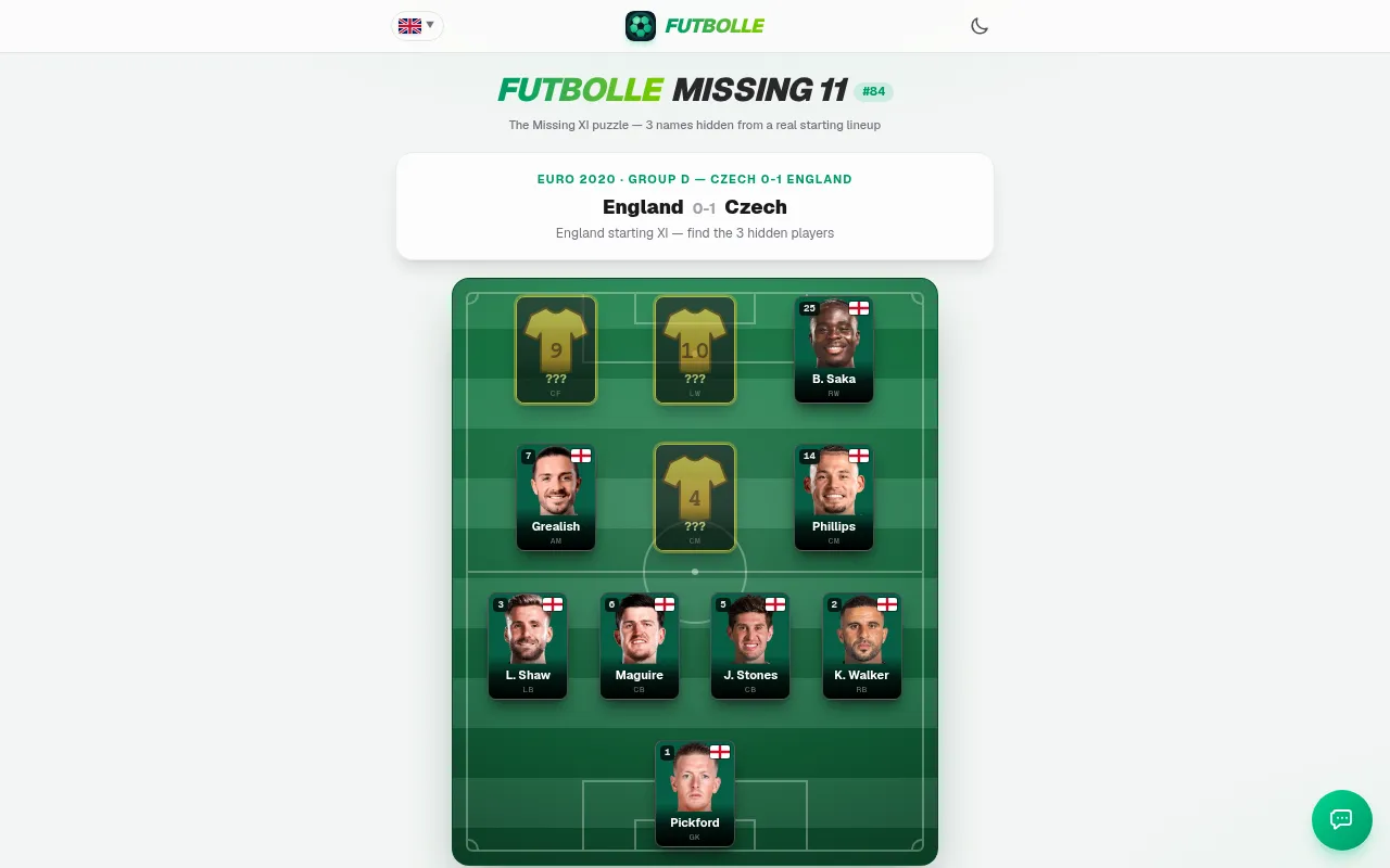 Futbolle Missing 11 #84: England's starting eleven against the Czech Republic at Euro 2020 on a pitch, eight player cards with photos and three hidden gold shirts numbered 9, 10 and 4