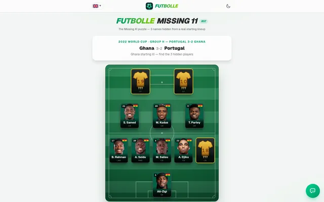Futbolle Missing 11 #97 board: Ghana's starting eleven against Portugal at the 2022 World Cup on a pitch, eight player cards with photos and three hidden gold shirts numbered 19, 10 and 18