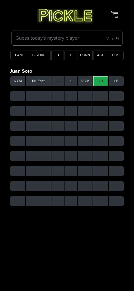 MLB Pickle at phone size: Juan Soto guessed with a green age of 28, eight empty rows below, guess 2 of 9