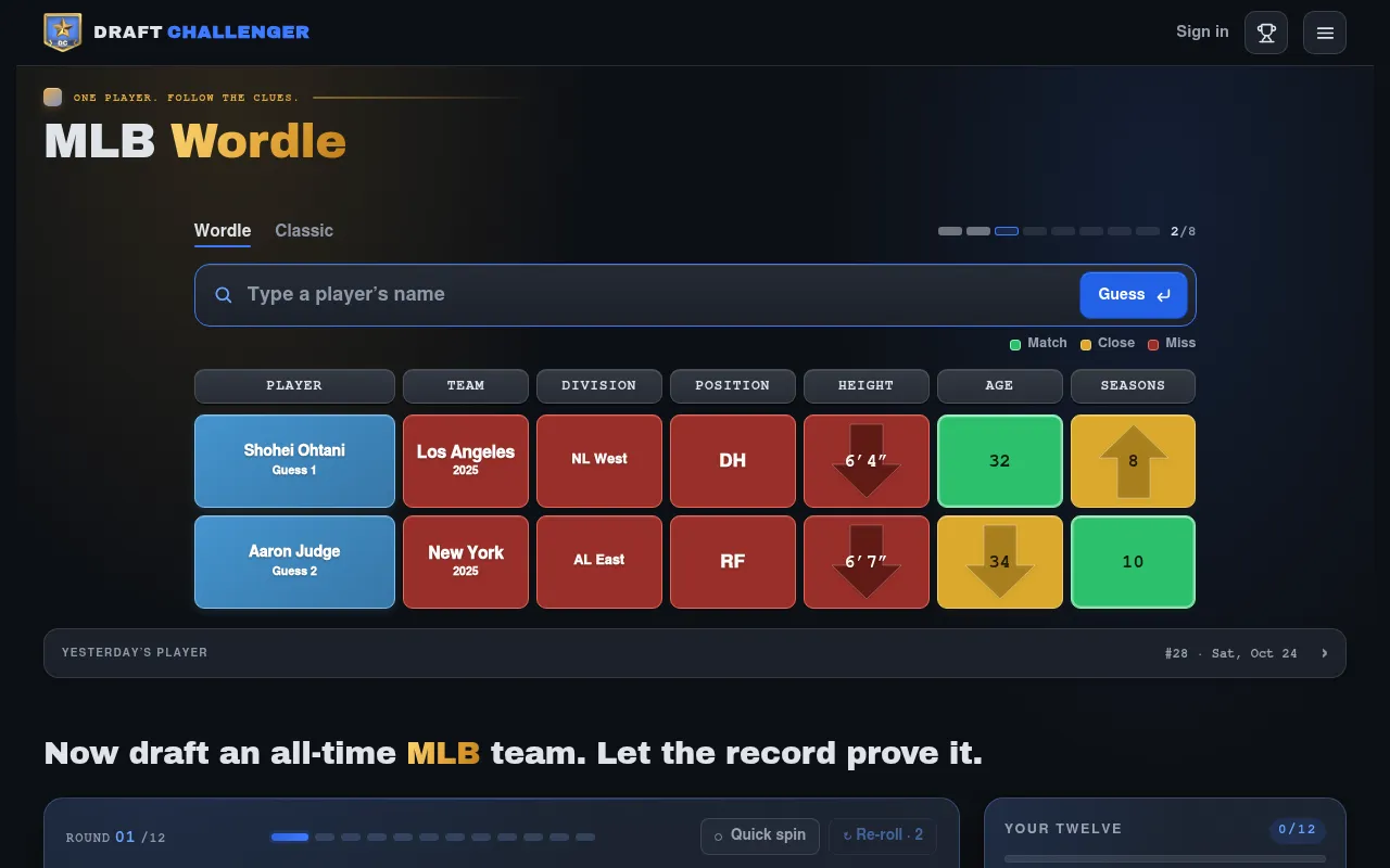 MLB Wordle's Wordle board on Draft Challenger after two guesses, Shohei Ohtani and Aaron Judge, with team, division, position, height, age and seasons tiles in match, close and miss colours, 2 of 8