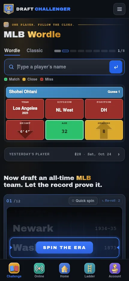 MLB Wordle on a phone: the Wordle board after one guess, Shohei Ohtani's card with team, division, position, height, age and seasons tiles, 1 of 8
