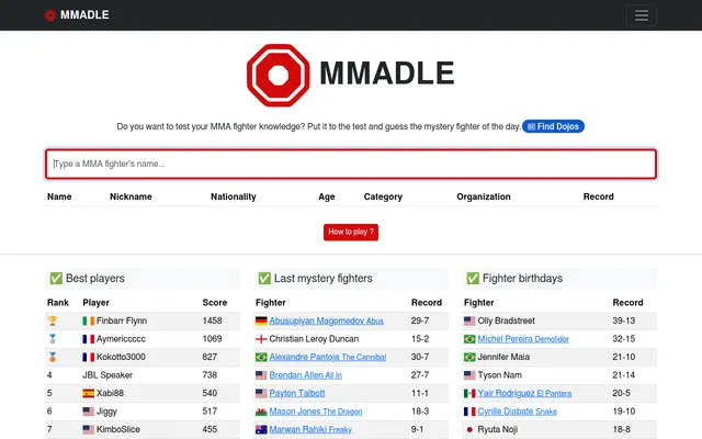 The MMADLE game page: the octagon logo and name, the fighter search box above the Name, Nickname, Nationality, Age, Category, Organization and Record columns, and tables of best players, recent myster