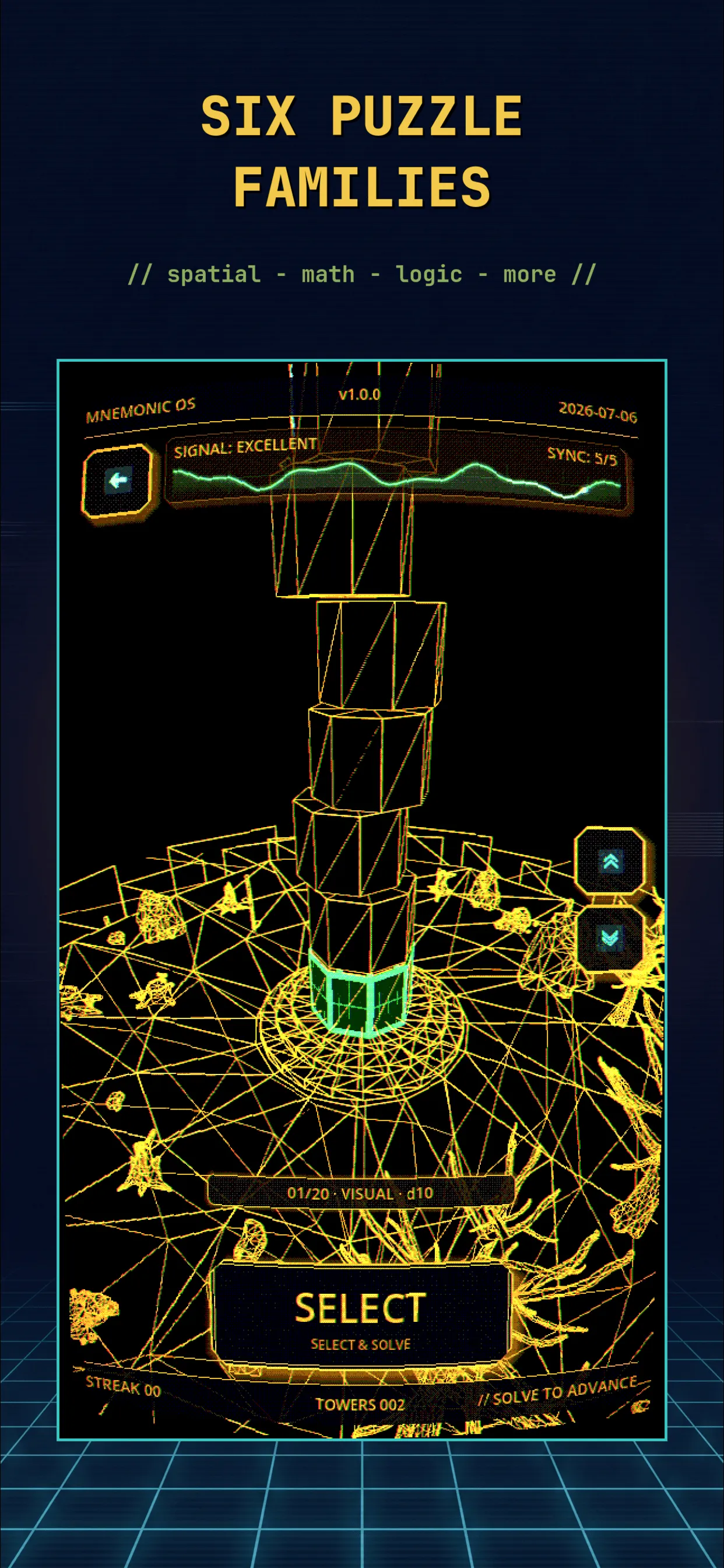 A MNEMONIC tower of wireframe floors rising from a glowing base, with the floor counter and Select button