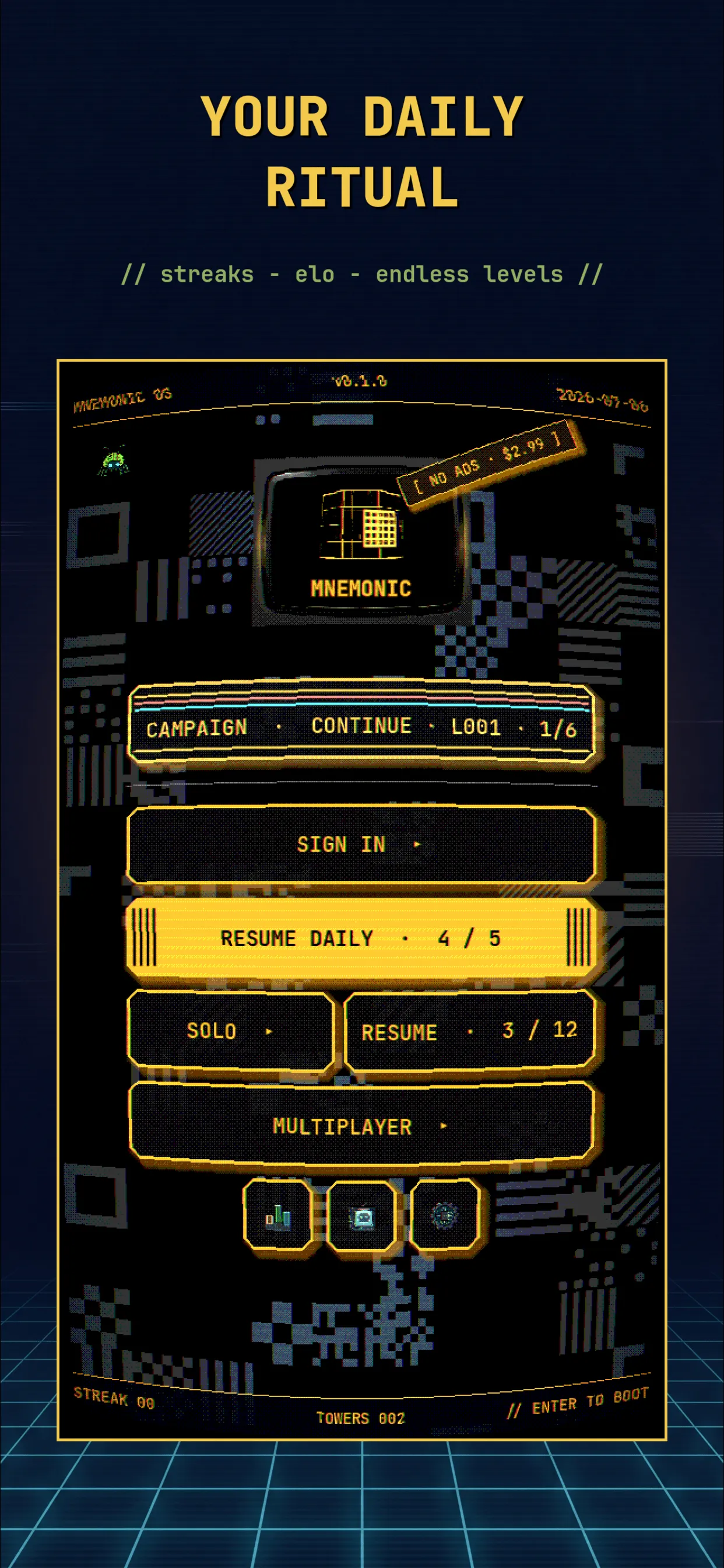 MNEMONIC's main menu with Campaign, Resume Daily 4 of 5, Solo and Multiplayer