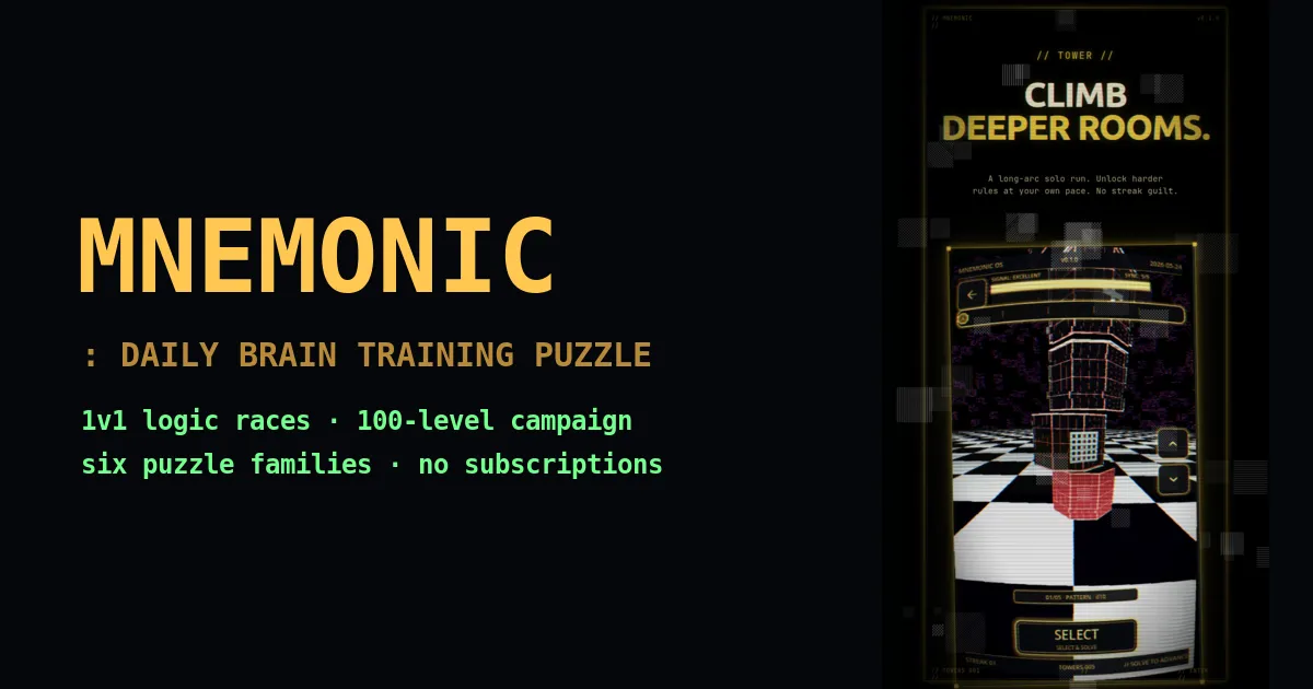 MNEMONIC share card: the game's name in amber beside a phone screen showing its wireframe tower on a black and white checkered floor with a Select button