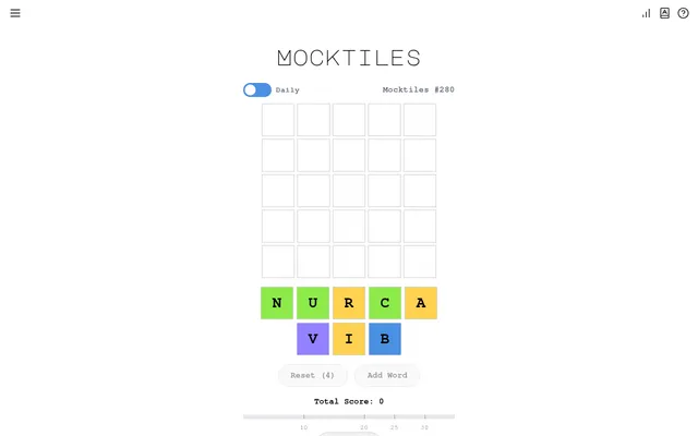 Mocktiles number 280: an empty 5x5 grid above eight coloured letter tiles N, U, R, C, A, V, I and B, with Reset (4) and Add Word buttons and a score bar marked 10, 20, 25 and 30