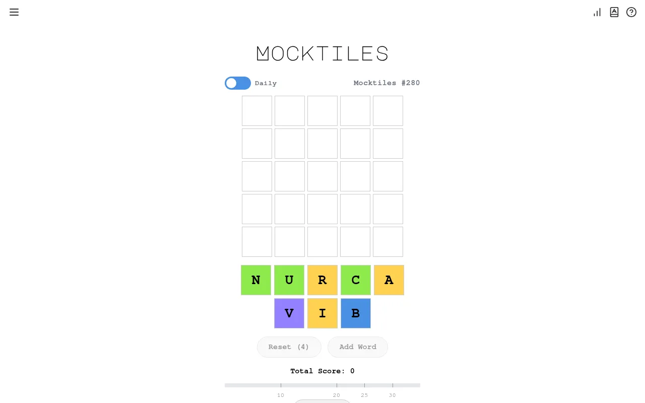 Mocktiles number 280: an empty 5x5 grid above eight coloured letter tiles N, U, R, C, A, V, I and B, with Reset (4) and Add Word buttons and a score bar marked 10, 20, 25 and 30