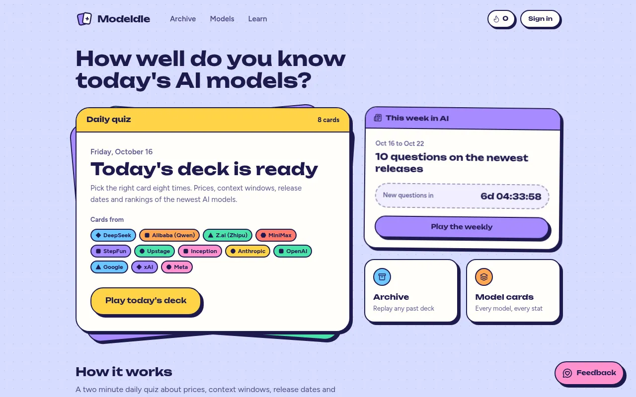 Modeldle home page with the yellow Daily quiz card of eight cards, the labs its cards come from, and This week in AI, Archive and Model cards panels