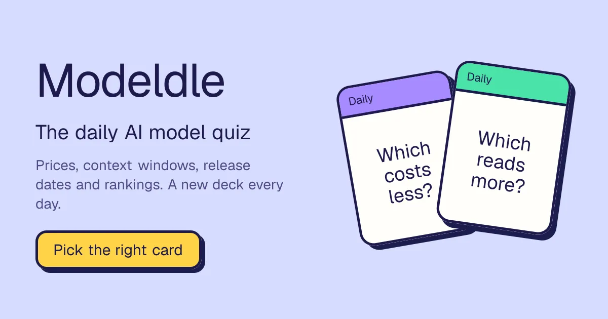 Modeldle share card with two daily quiz cards asking which costs less and which reads more