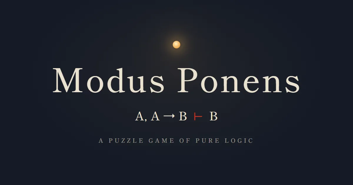 Modus Ponens title card: a glowing candle light above the name Modus Ponens and the formula A, A to B proves B, with the line A puzzle game of pure logic