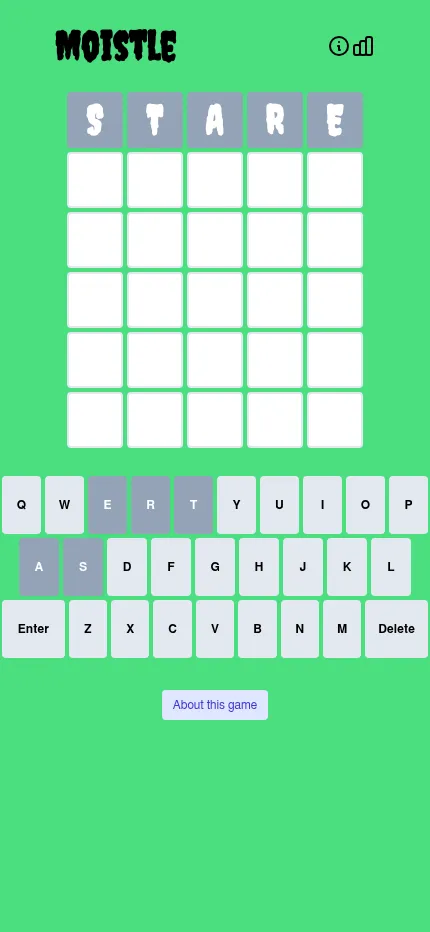 Moistle on a phone: the dripping title, a first guess STARE in grey tiles on the six by five grid, and the full keyboard below