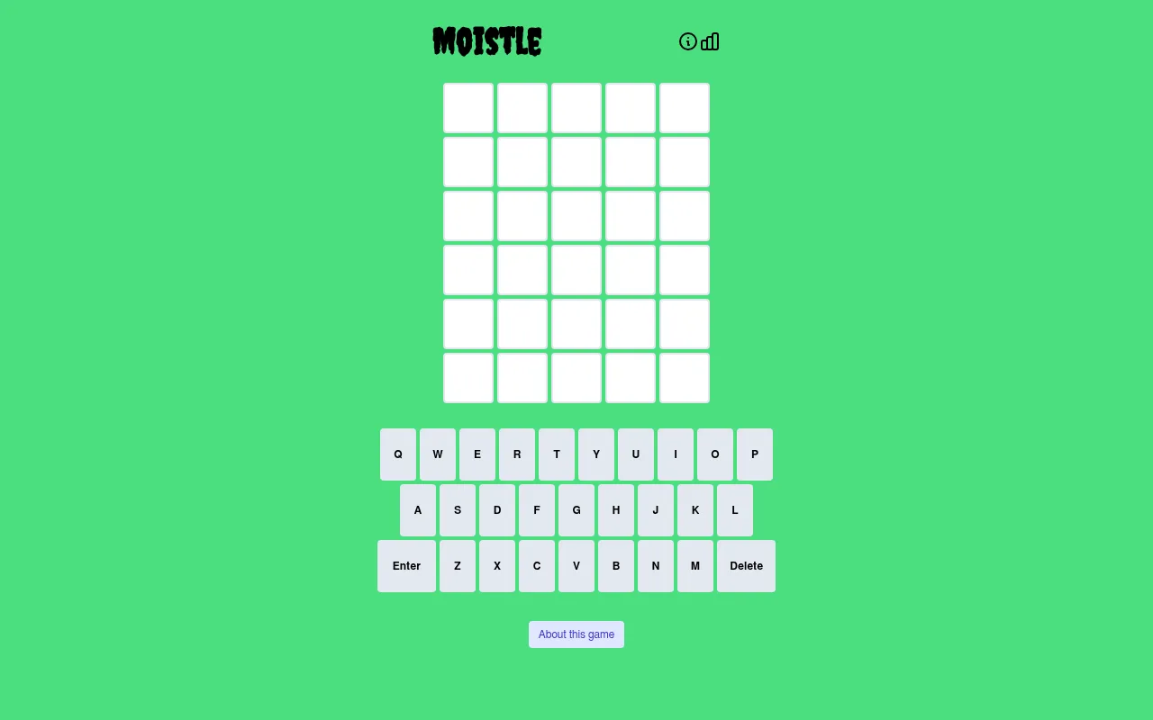 Moistle's board: the dripping MOISTLE title over an empty six by five grid and an on-screen keyboard on a bright green page, with an About this game button