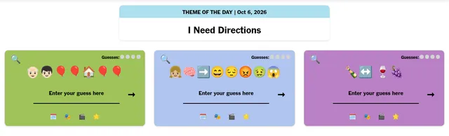 m🙂jie for October 6, 2026: the theme of the day I Need Directions above three coloured cards, each with a film told in emoji, a guess box and four guess dots